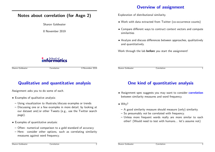overview of assignment notes about correlation for asgn 2
