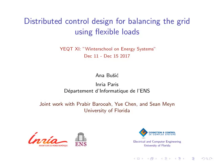 distributed control design for balancing the grid using