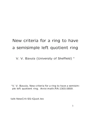 New criteria for a ring to have  a semisimple left quotient ring V. V. Bavula (University of