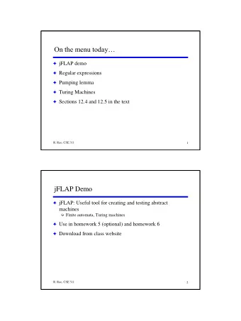 On the menu today  jFLAP demo  Regular expressions  Pumping lemma  Turing Machines