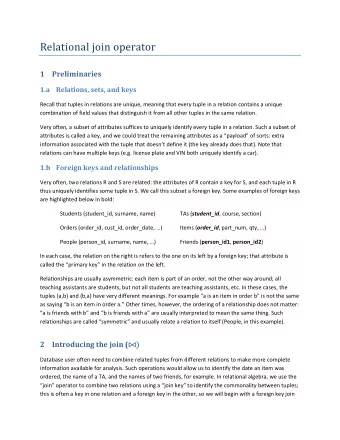 Relational join operator 1 Preliminaries 1.a Relations, sets, and keys Recall that tuples in
