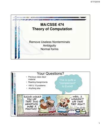 MA/CSSE 474  Theory of Computation  Remove Useless Nonterminals  Ambiguity  Normal forms  Your
