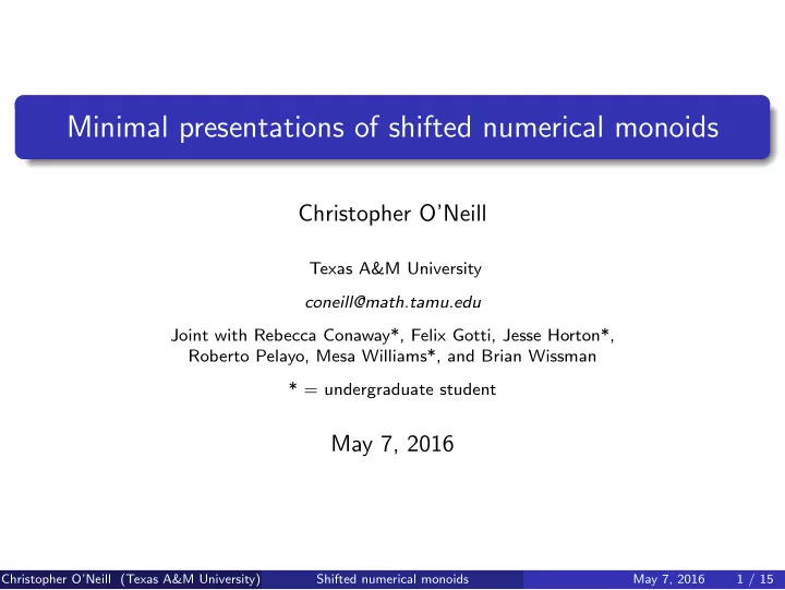 minimal presentations of shifted numerical monoids