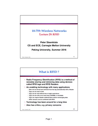 18-759: Wireless Networks L ecture 29: RFID  Peter Steenkiste  CS and ECE, Carnegie Mellon