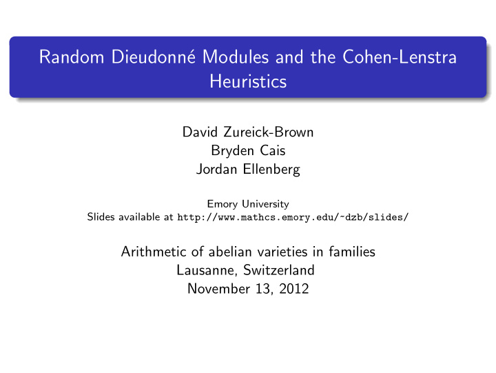 random dieudonn e modules and the cohen lenstra heuristics