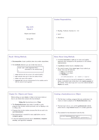 Student Responsibilities  Mat 2170  Week 9  Reading: Textbook, Sections 6.1  6.3  Objects and