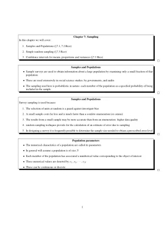 Chapter 7: Sampling  In this chapter we will cover: 1. Samples and Populations (  7.1, 7.2 Rice)