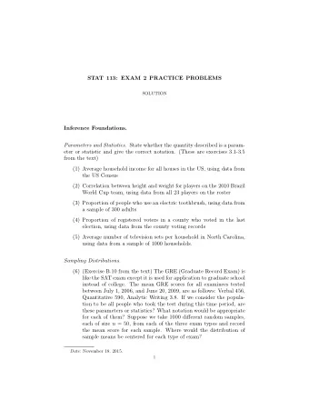 STAT 113: EXAM 2 PRACTICE PROBLEMS  SOLUTION  Inference Foundations. Parameters and Statistics.