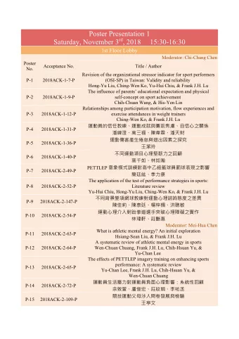 Poster Presentation 1 Saturday, November 3 rd , 2018     15:30-16:30  1st Floor Lobby  Moderator: