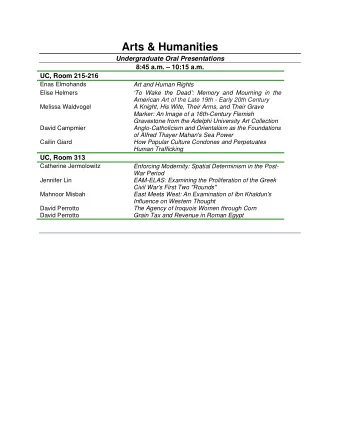 Arts &amp; Humanities  Undergraduate Oral Presentations  8:45 a.m.  10:15 a.m. UC, Room 215-216