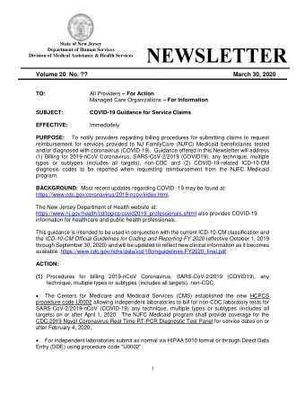 Volume 20  No. ?? March 30, 2020 All Providers  For Action  TO: Managed Care Organizations