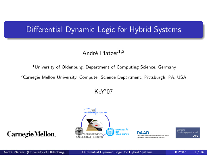differential dynamic logic for hybrid systems