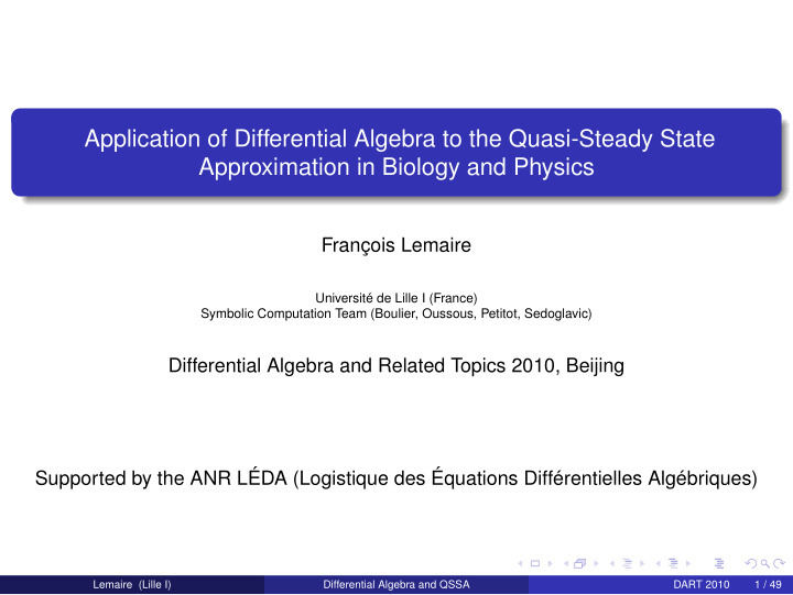 application of differential algebra to the quasi steady