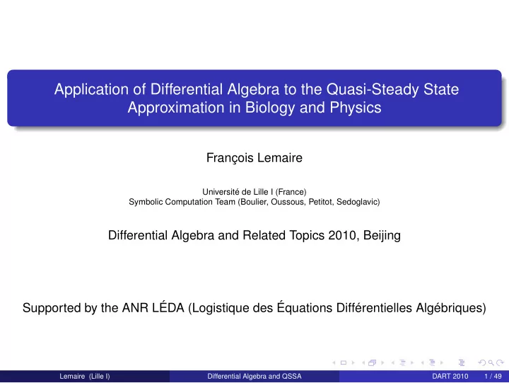 application of differential algebra to the quasi steady