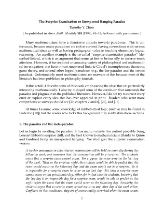 The Surprise Examination or Unexpected Hanging Paradox  Timothy Y. Chow [As published in Amer.