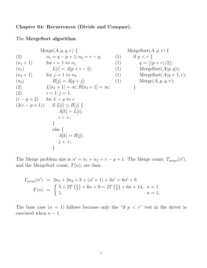 chapter 04 recurrences divide and conquer the mergesort