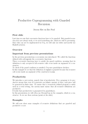 Productive Coprogramming with Guarded  Recursion  Jeroen Slot en Ilse Pool  First slide  Last time