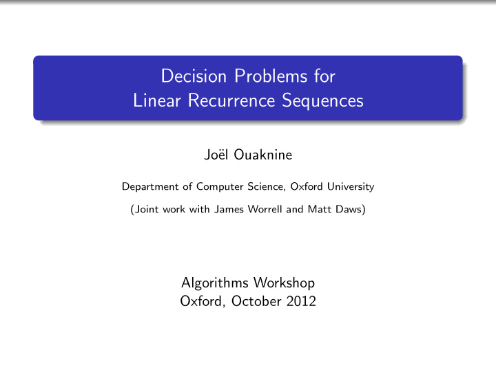 decision problems for linear recurrence sequences