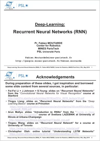 Recurrent Neural Networks (RNN)  Pr. Fabien MOUTARDE  Center for Robotics  MINES ParisTech PSL