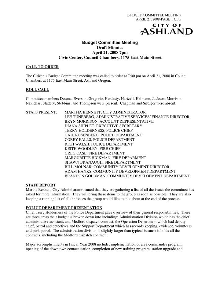 budget committee meeting draft minutes april 21 2008 7pm