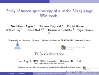 Study of meson spectroscopy of a lattice SU(4) gauge  BSM model. Venkitesh Ayyar 1 Thomas Degrand 1
