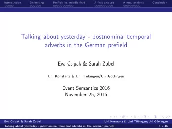 Talking about yesterday - postnominal temporal  adverbs in the German prefield  Eva Csipak &amp;