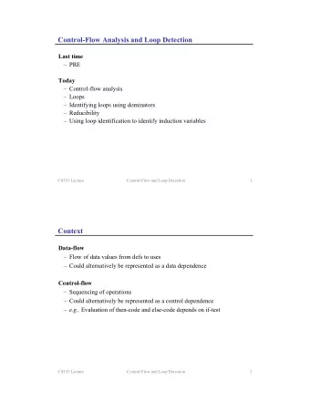 Control-Flow Analysis and Loop Detection  Last time   PRE  Today   Control-flow