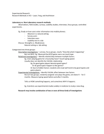 Experimental Research Research Methods in HCI  Lazar, Feng, and Hochheiser  Laboratory vs.