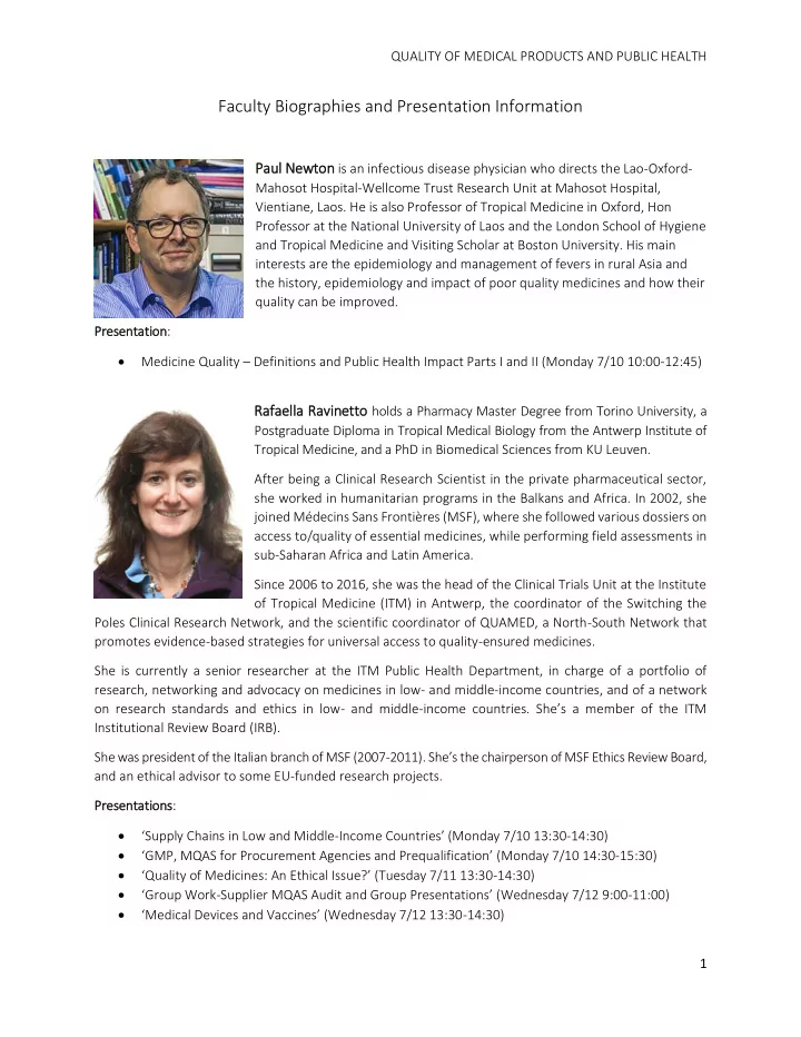faculty biographies and presentation information