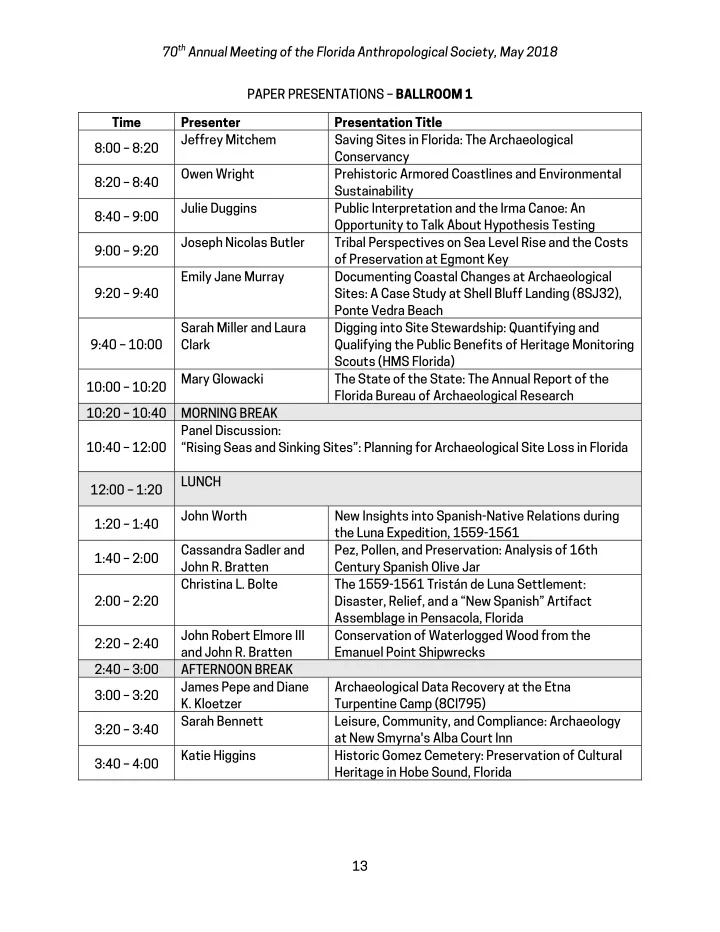 70 th annual meeting of the florida anthropological