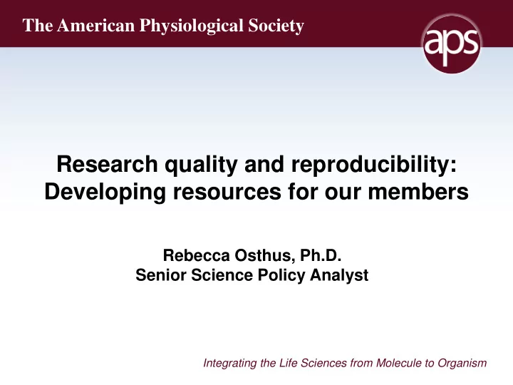 research quality and reproducibility developing resources