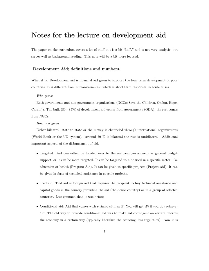 notes for the lecture on development aid