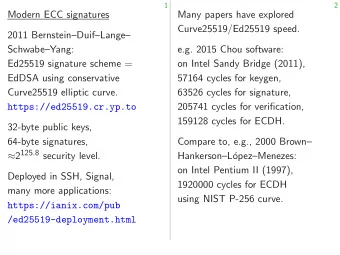 Modern ECC signatures  Many papers have explored  Curve25519/Ed25519 speed.  2011
