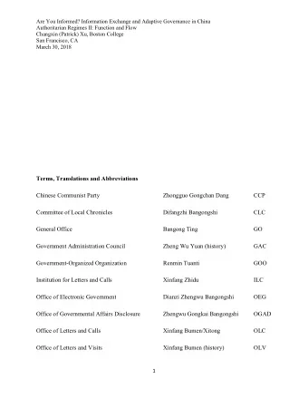 Terms, Translations and Abbreviations  Chinese Communist Party  Zhongguo Gongchan Dang  CCP