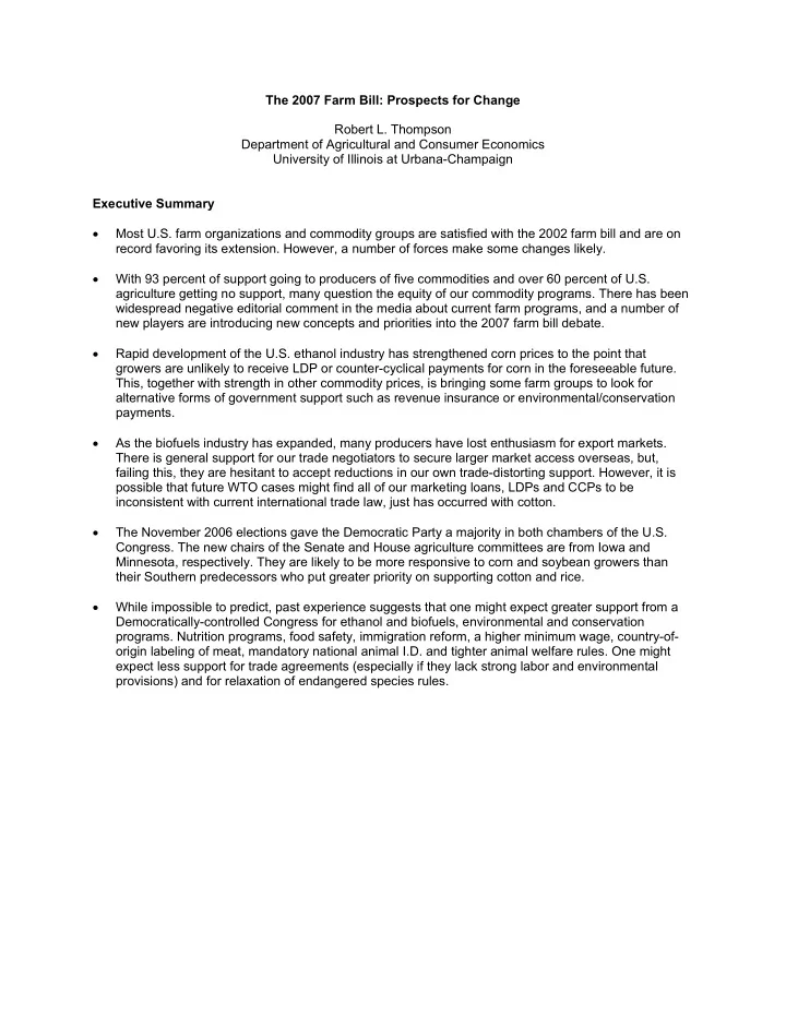 the 2007 farm bill prospects for change robert l thompson