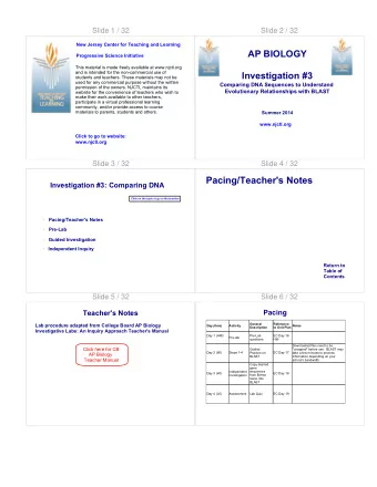 Pacing/Teacher's Notes  Investigation #3: Comparing DNA  Click on the topic to go to that section