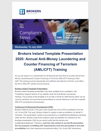 Brokers Ireland Template Presentation  2020: Annual Anti-Money Laundering and  Counter Financing of