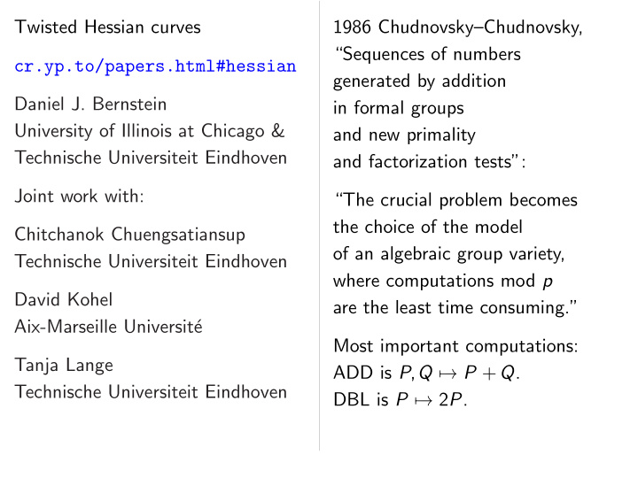 twisted hessian curves 1986 chudnovsky chudnovsky