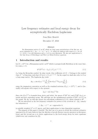 Low frequency estimates and local energy decay for  asymptotically Euclidean Laplacians  Jean-Marc