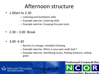 Afternoon structure  1.00am to 2.30  Listening and facilitation skills  Example exercise: