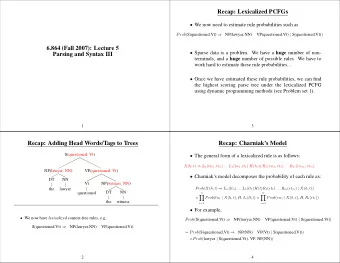 Recap: Lexicalized PCFGs  We now need to estimate rule probabilities such as Prob (