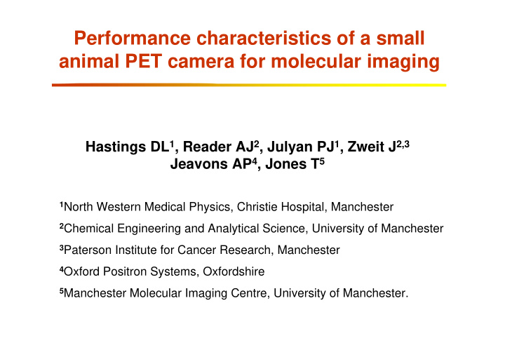 performance characteristics of a small animal pet camera
