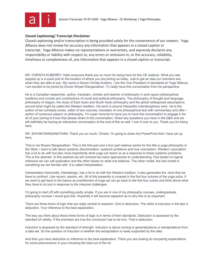session transcript 07 07 2020 yoga alliance ce workshop