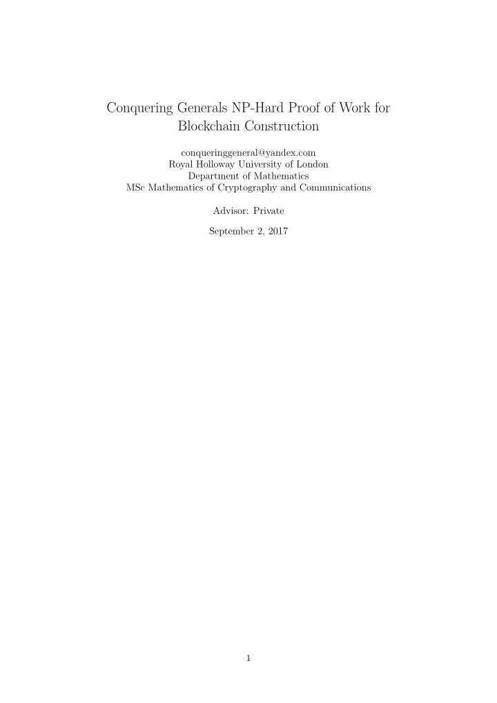 conquering generals np hard proof of work for blockchain