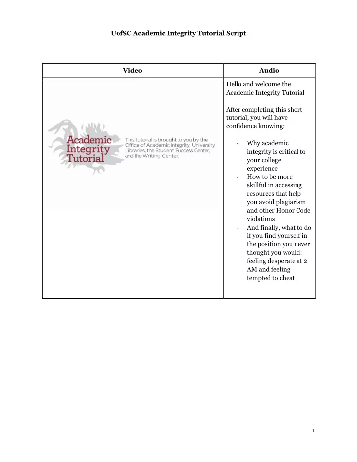 uofsc academic integrity tutorial script video audio