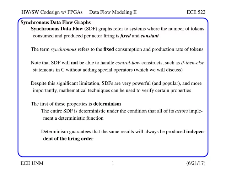 hw sw codesign w fpgas data flow modeling ii ece 522