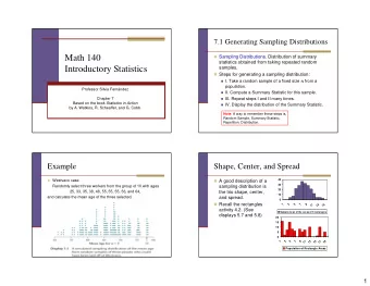 Math 140  Sampling Distributions. Distribution of summary  statistics obtained from taking