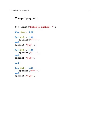 The grid program:  N = input('Enter a number: ');  for Row = 1:N  for Col = 1:N  fprintf('+--');