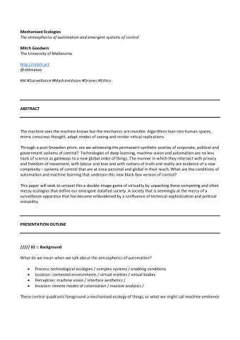 Mechanised Ecologies  The atmospherics of automation and emergent systems of control  Mitch Goodwin