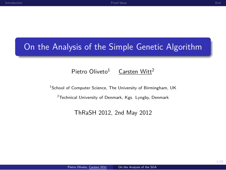 on the analysis of the simple genetic algorithm